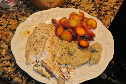 My plate - Speckled Trout filet, my carrots and the limey rice.