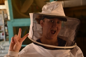 Daughter Lisa geared up and ready to play with the bees.
