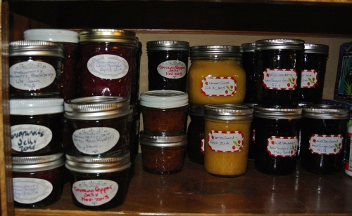 The Pantry - Lots of Strawberry, Lemon Curd and Dewberry. Also a dab of 2013 leftovers, Pomegranate Jelly, Chipotle Peach jam, a blended jam - Blackberry/Dewberry/Strawberry and some Serrano Pepper Jelly.