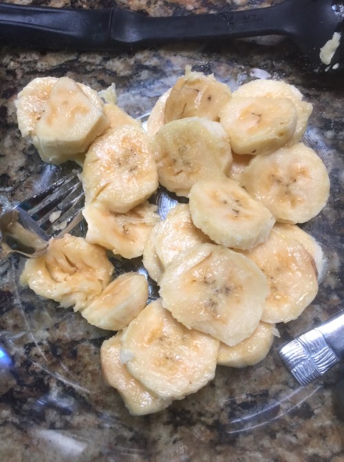 Ripe bananas ready to mash. In the center, the seed area of the endocarp, the flesh has a bit of a golden color.